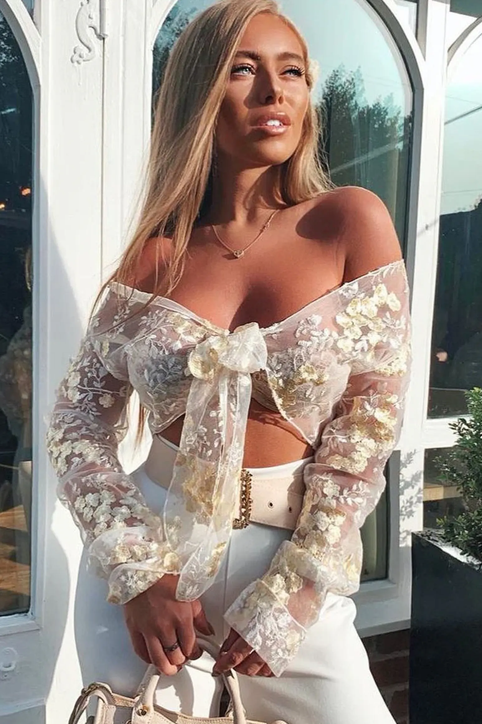 Rebellious Fashion White Yellow Mesh Floral Tie Front Crop Top - Elana