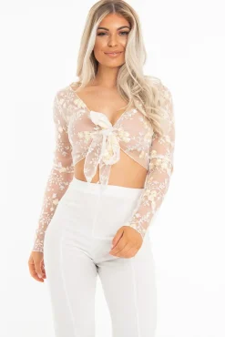 Rebellious Fashion White Yellow Mesh Floral Tie Front Crop Top - Elana