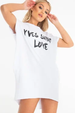 Rebellious Fashion White Yves Saint Love Printed Slogan T-Shirt Dress - Jamey