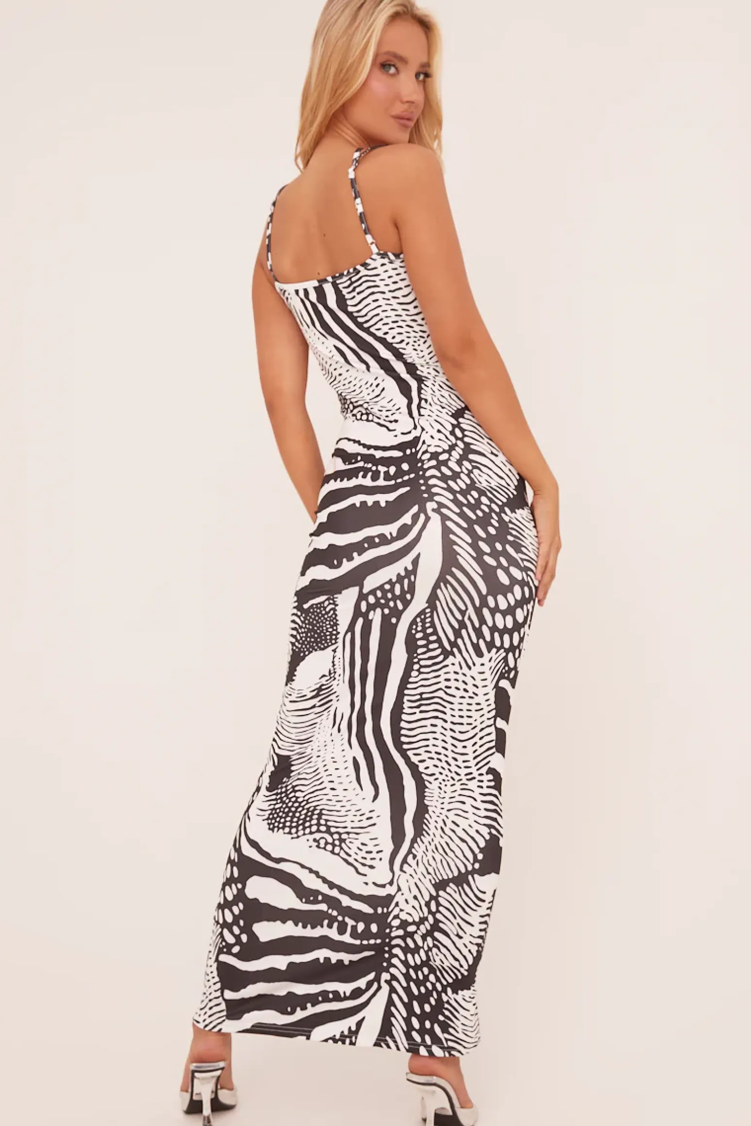 Rebellious Fashion White Zebra Print Shoulder Strap Maxi Dress - Serra