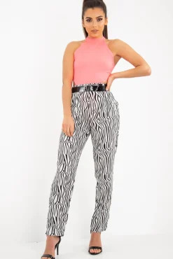 Rebellious Fashion White Zebra Print Wide Leg Trousers - Gisella