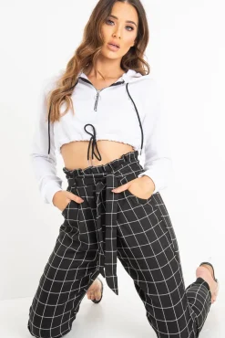 Rebellious Fashion White Zip Front Drawstring Waist Hoodie Crop Top - Rudi