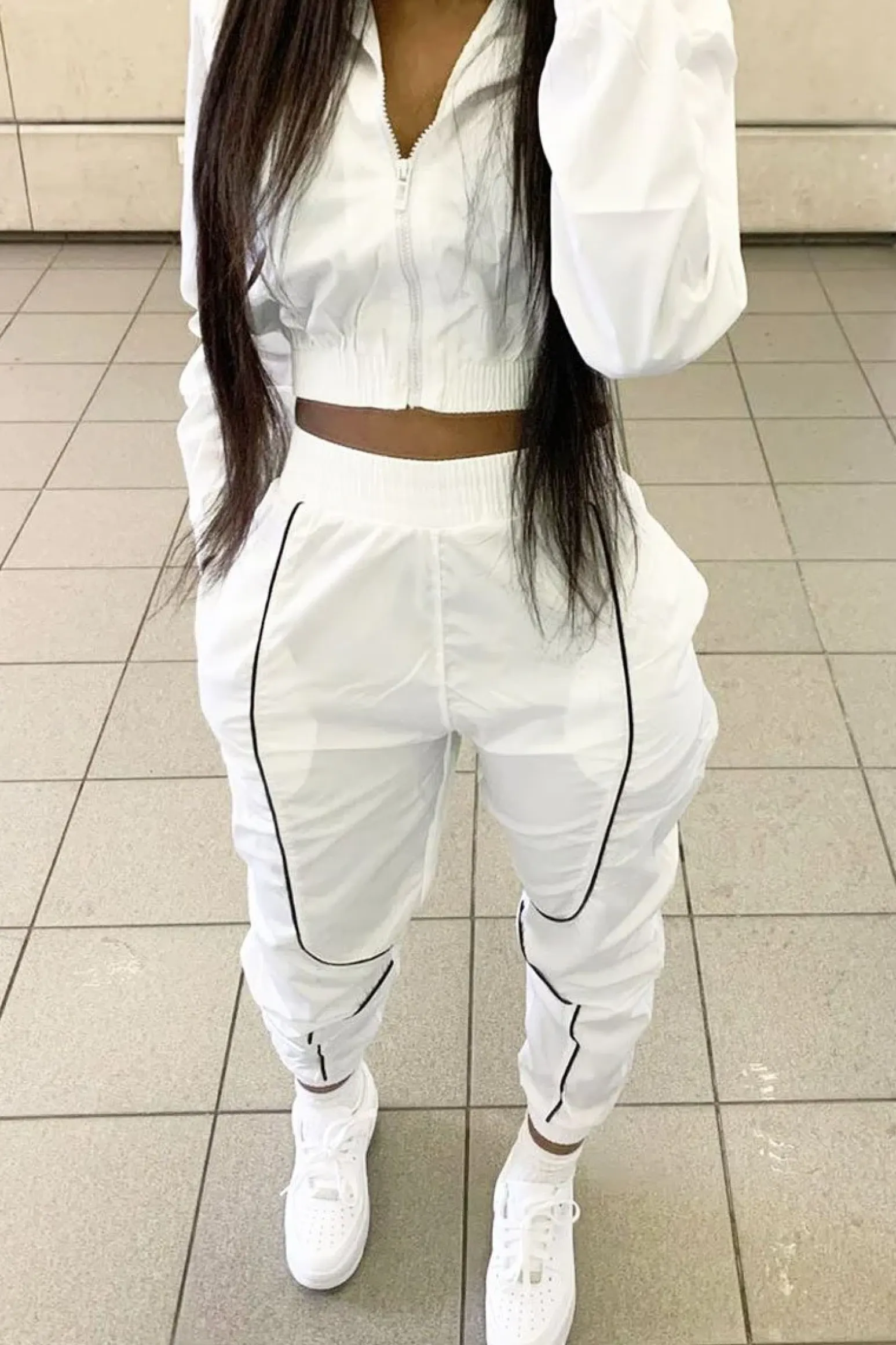 Rebellious Fashion White Zip Front Hoodie Cuff Jogger Co-Ord - Kason