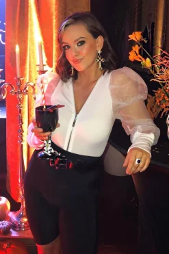 Rebellious Fashion White Zip Front Sheer Puff Sleeves Bodysuit - Vylet