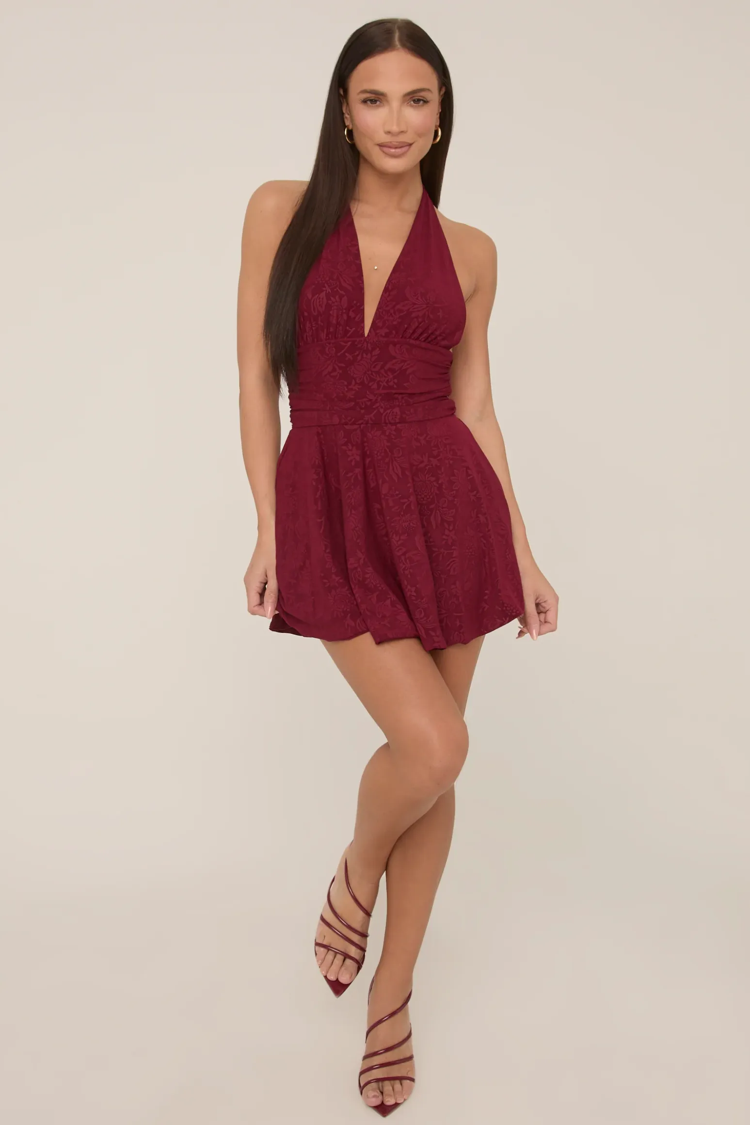 Rebellious Fashion Wine Floral Printed Plunge Halter Mini Dress - Zaynab