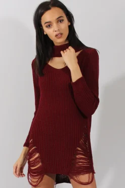 Rebellious Fashion Wine High Neck Cut Out Distressed Jumper Dress - Adalyn
