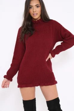 Rebellious Fashion Wine Knitted Ruffle Jumper Dress with Elasticated hems - Velma