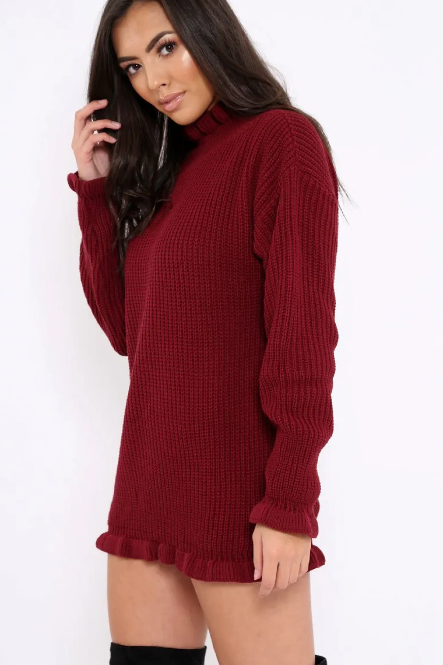 Rebellious Fashion Wine Knitted Ruffle Jumper Dress with Elasticated hems - Velma