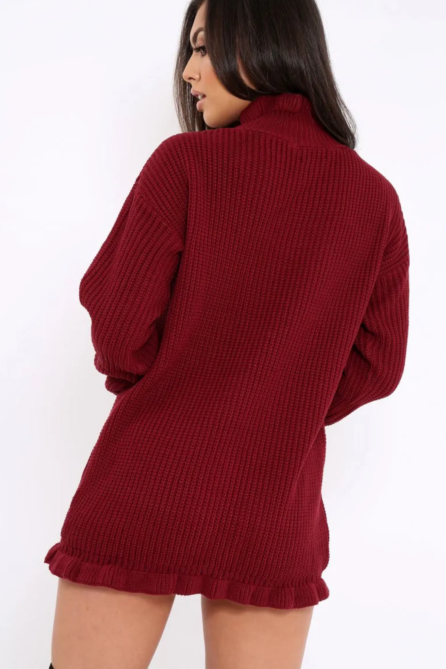 Rebellious Fashion Wine Knitted Ruffle Jumper Dress with Elasticated hems - Velma