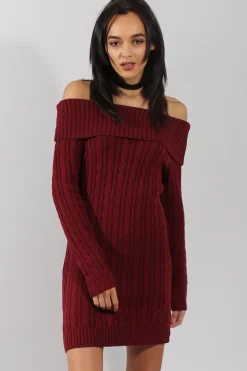 Rebellious Fashion Wine Bardot Cable Knit Jumper Dress - Peeta