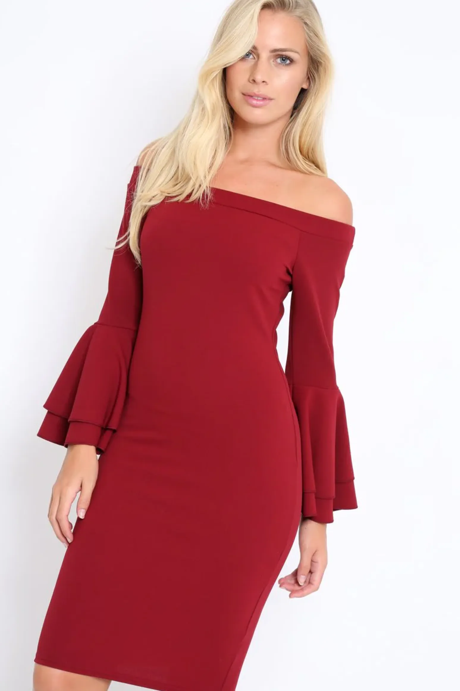 Rebellious Fashion Wine Bardot Flared Sleeve Dress - Ebony