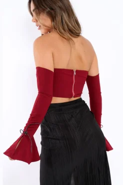 Rebellious Fashion Wine Bardot Frill Bell Sleeve Crop Top - Cobie