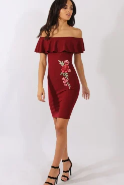 Rebellious Fashion Wine Bardot Frill Embroidered Dress - Jasmine