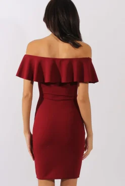 Rebellious Fashion Wine Bardot Frill Embroidered Dress - Jasmine