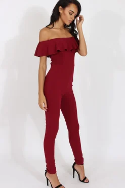 Rebellious Fashion Wine Bardot Frill Layer Jumpsuit - Anastasia