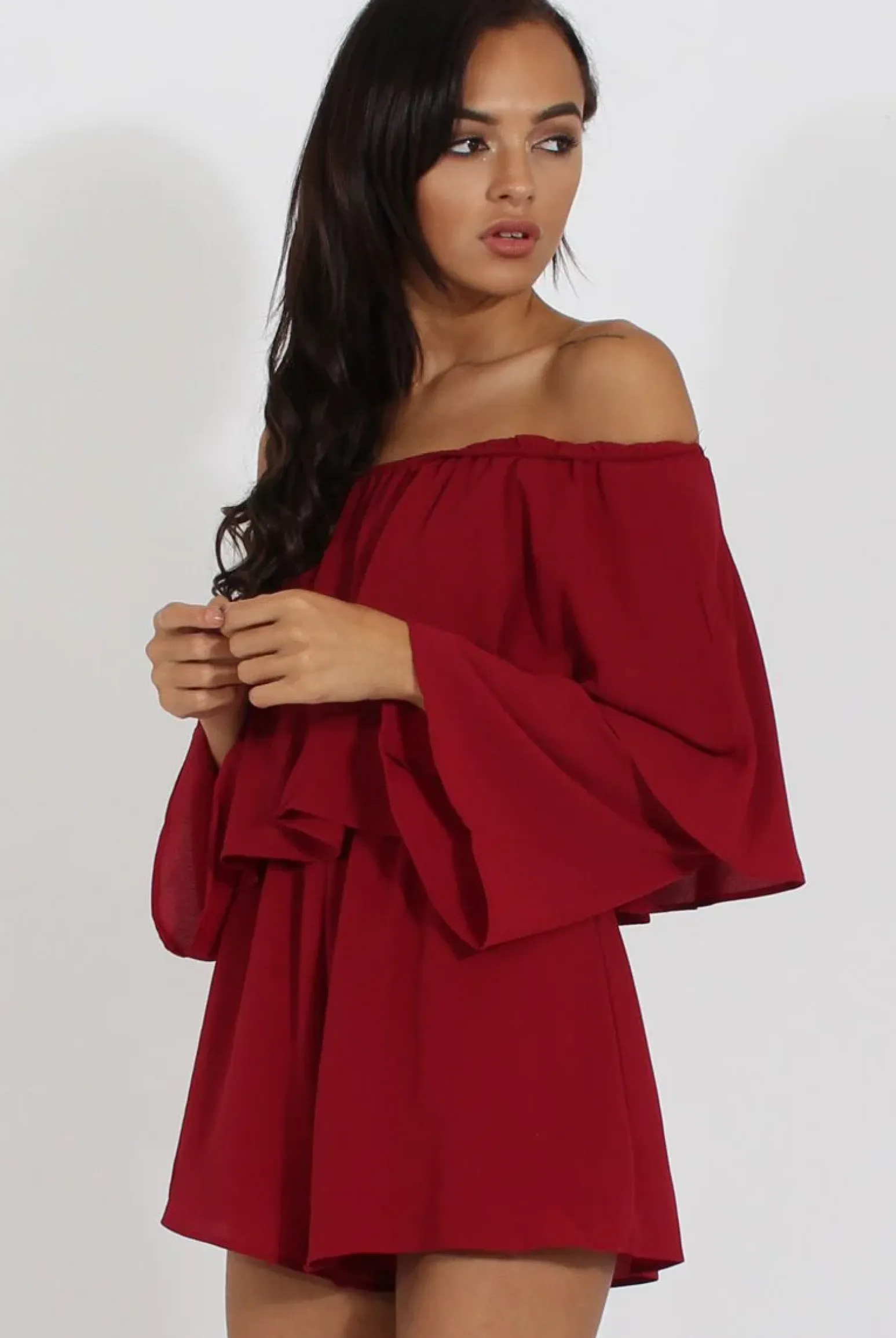Rebellious Fashion Wine Bardot Frill Layer Playsuit - Ema