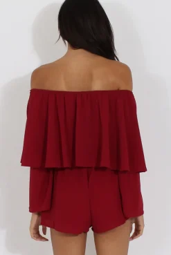 Rebellious Fashion Wine Bardot Frill Layer Playsuit - Ema