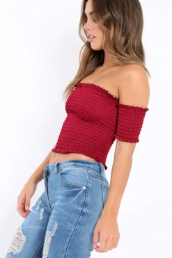 Rebellious Fashion Wine Bardot Frill Shirred Crop Top - Kailah