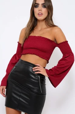 Rebellious Fashion Wine Bardot Shirred Crop Top with Flared Sleeves - Shera