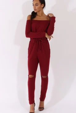 Rebellious Fashion Wine Bardot Split Knee Jumpsuit - Coran