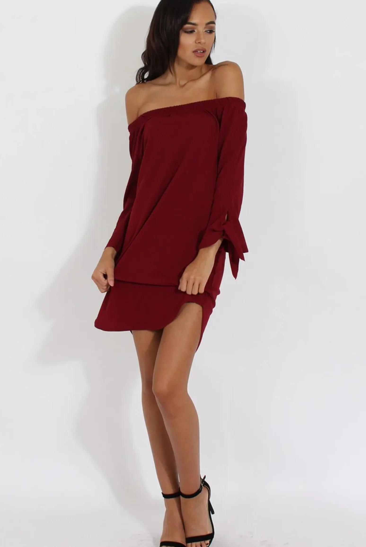 Rebellious Fashion Wine Bardot Tie Cuffs Dress - Whitney