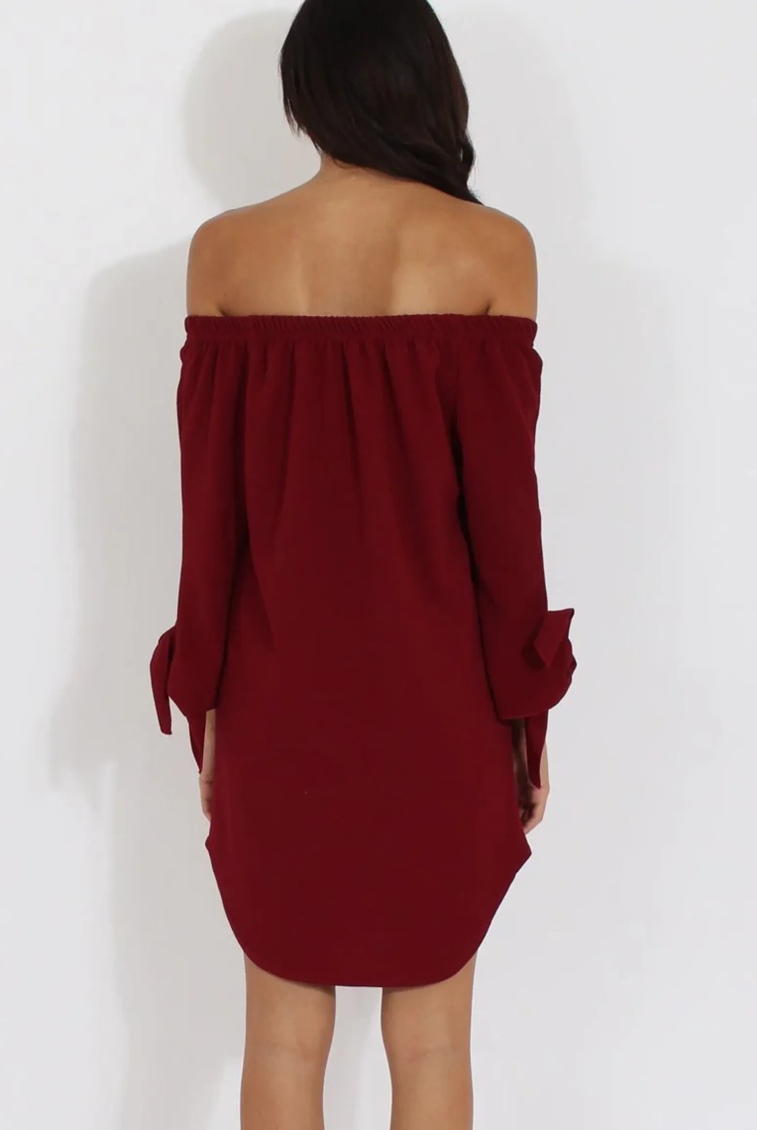 Rebellious Fashion Wine Bardot Tie Cuffs Dress - Whitney
