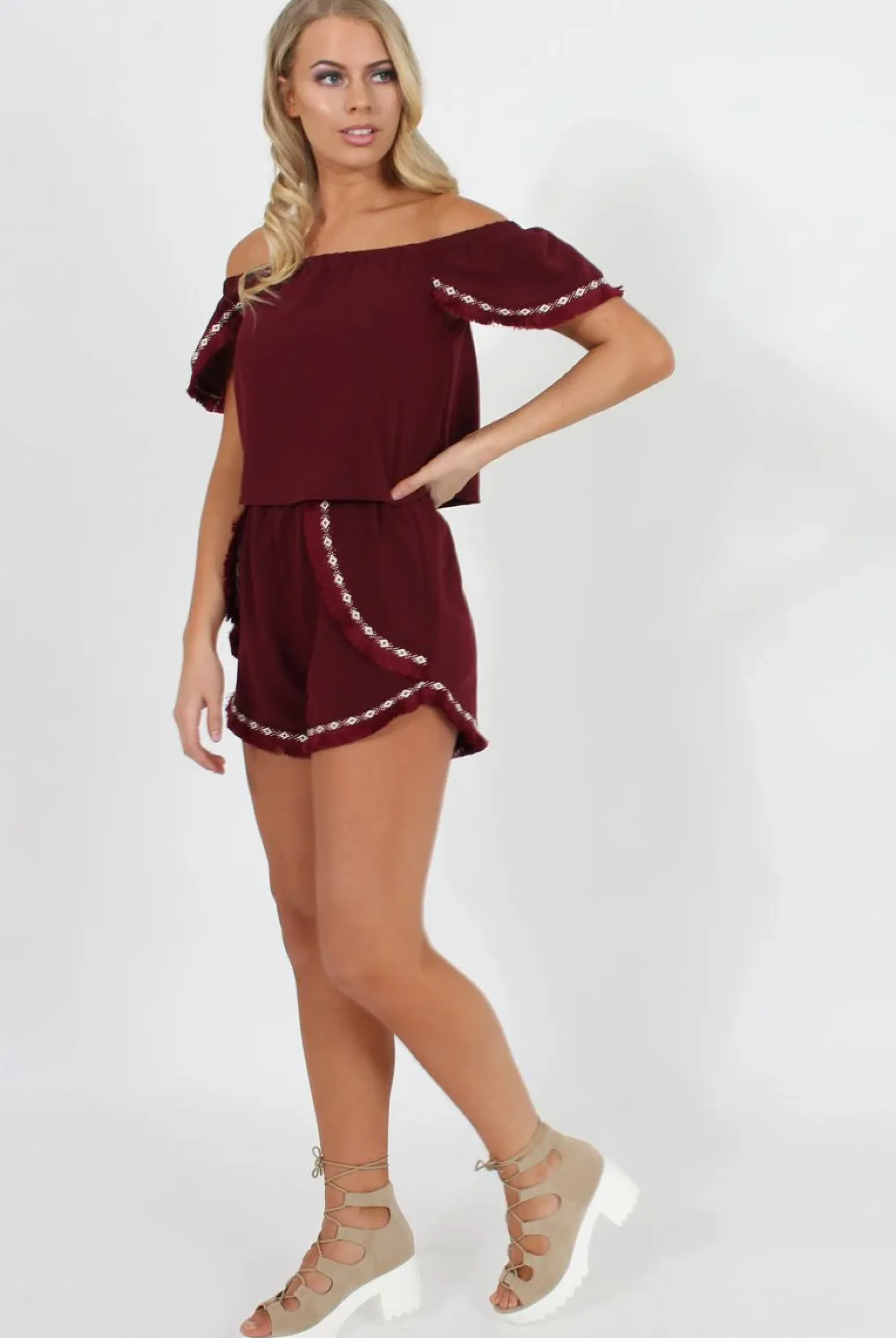 Rebellious Fashion Wine Bardot Two Piece - Jessica