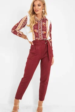 Rebellious Fashion Wine Belted Croc Print Tapered Trousers - Aasia