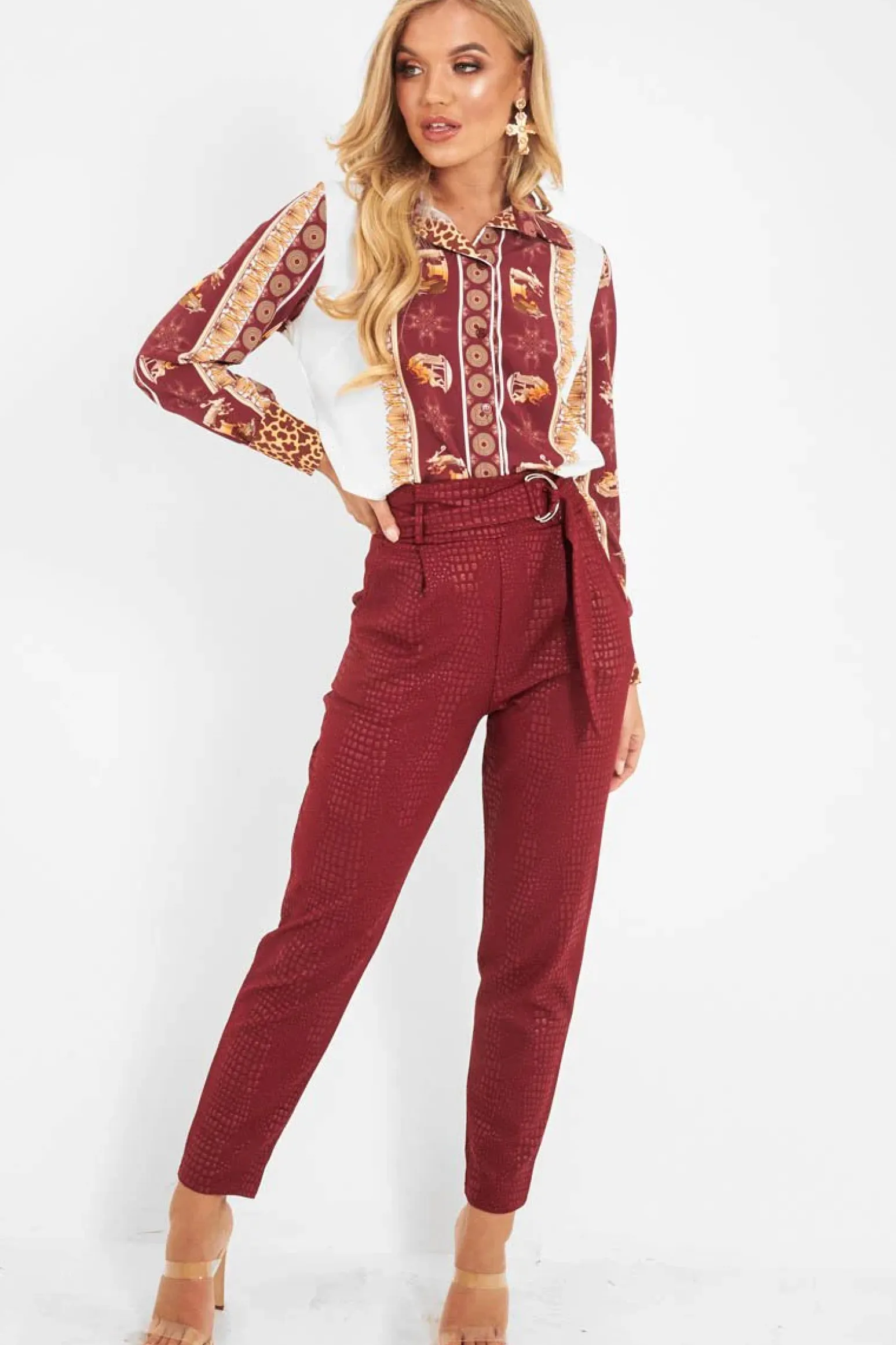 Rebellious Fashion Wine Belted Croc Print Tapered Trousers - Aasia