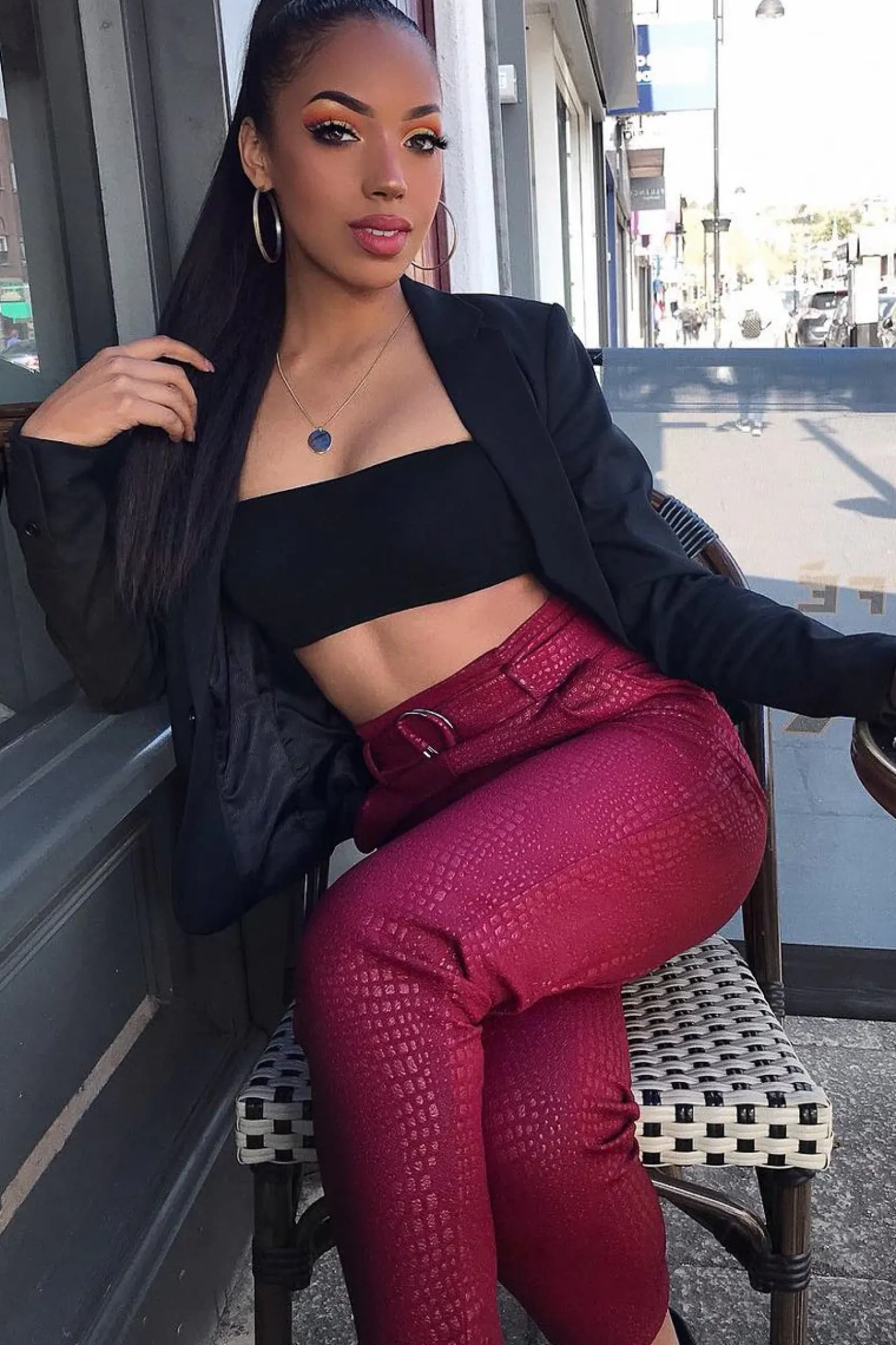Rebellious Fashion Wine Belted Croc Print Tapered Trousers - Aasia