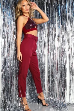 Rebellious Fashion Wine Belted Tapered Peg Trousers - Jessika