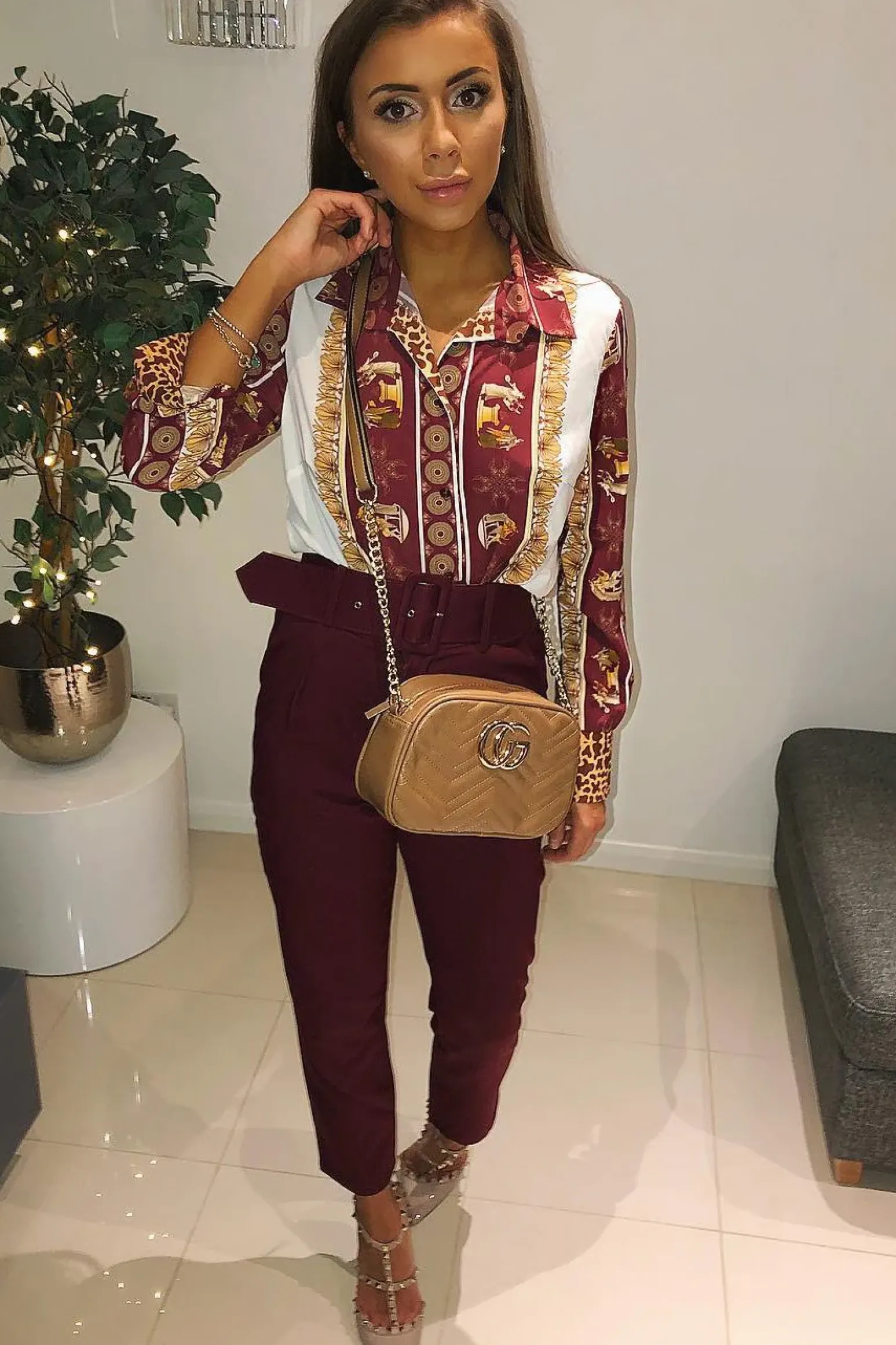 Rebellious Fashion Wine Belted Tapered Peg Trousers - Jessika