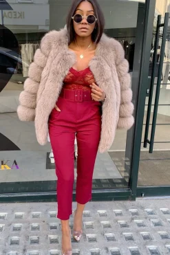 Rebellious Fashion Wine Belted Tapered Peg Trousers - Jessika