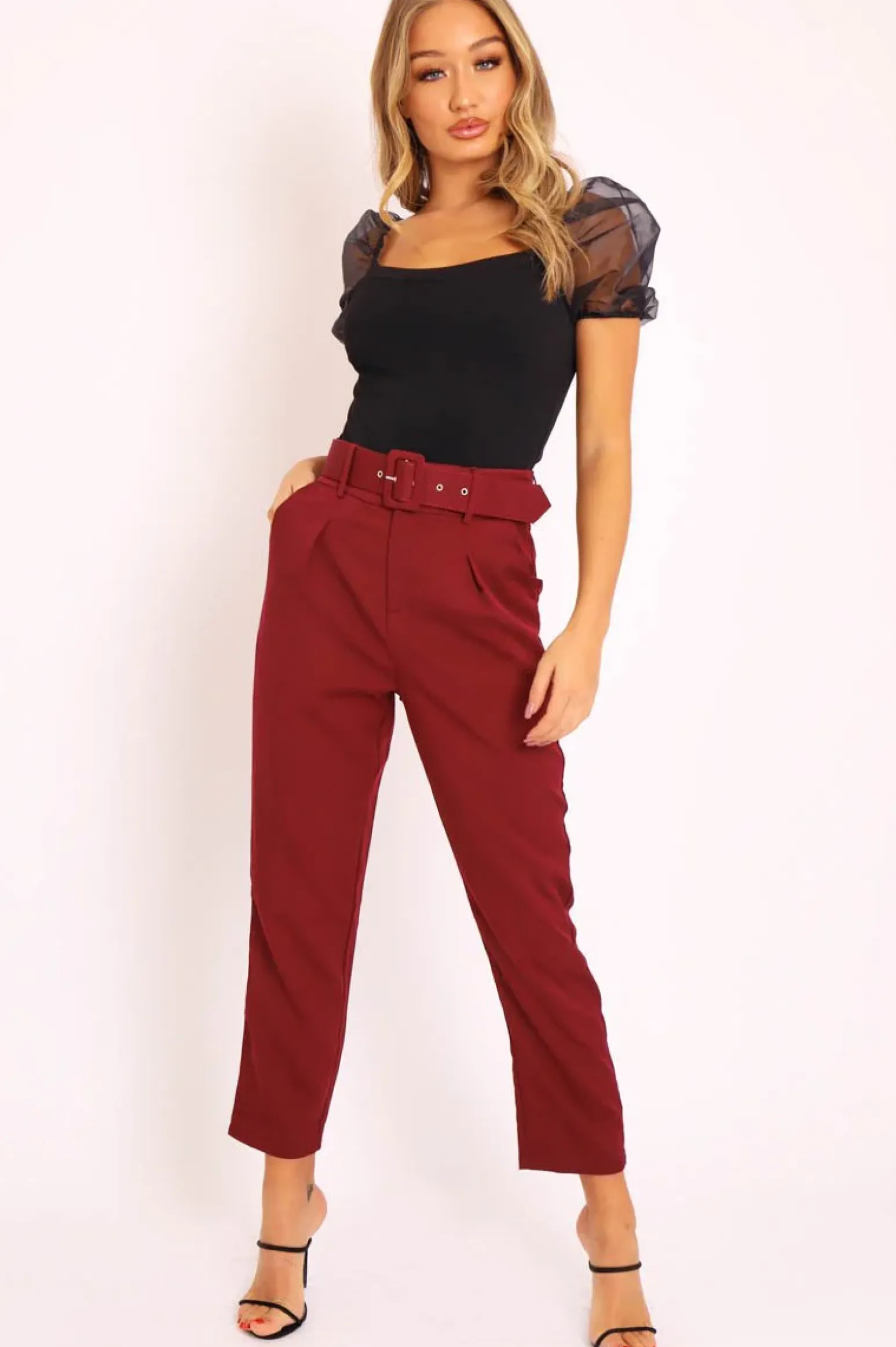 Rebellious Fashion Wine Belted Tapered Peg Trousers - Jessika