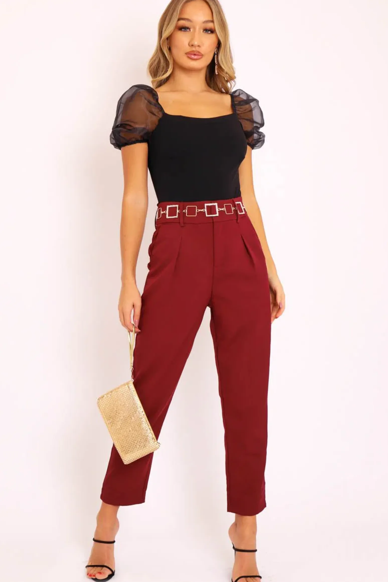 Rebellious Fashion Wine Belted Tapered Peg Trousers - Jessika