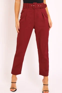 Rebellious Fashion Wine Belted Tapered Peg Trousers - Jessika