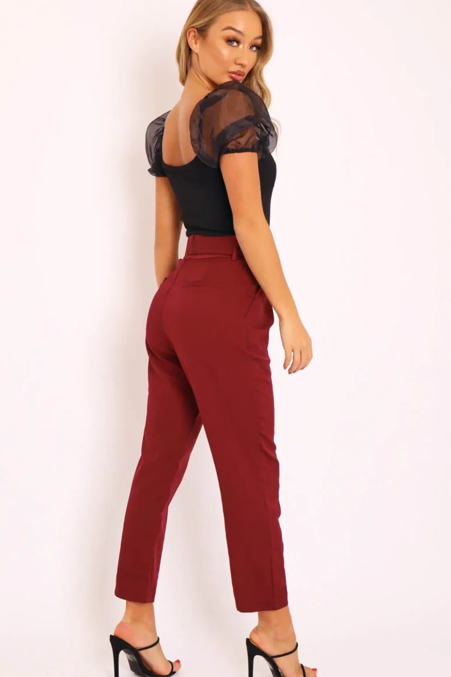 Rebellious Fashion Wine Belted Tapered Peg Trousers - Jessika