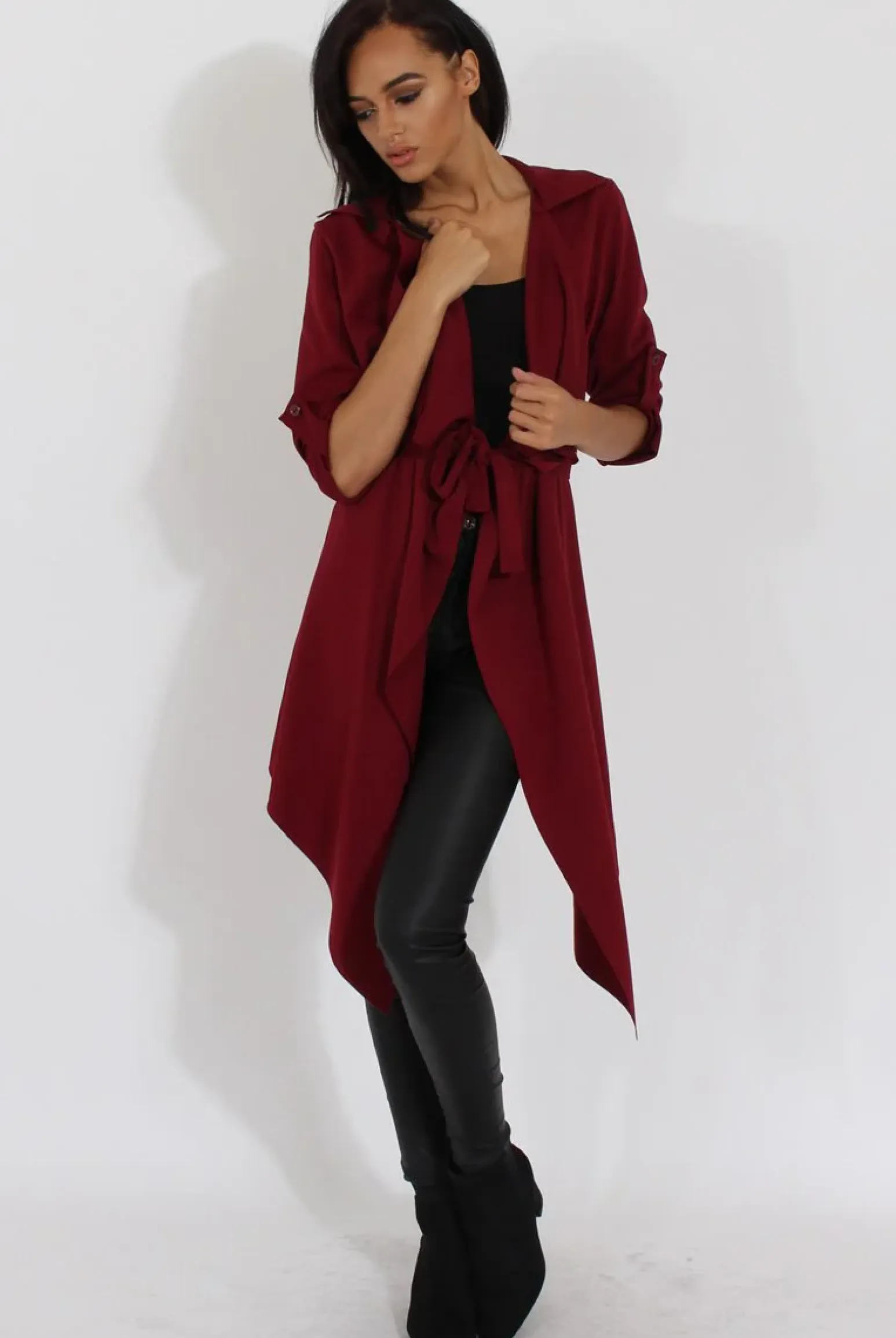 Rebellious Fashion Wine Belted Waterfall Duster Jacket - Aisla