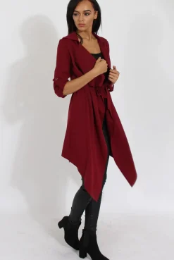 Rebellious Fashion Wine Belted Waterfall Duster Jacket - Aisla