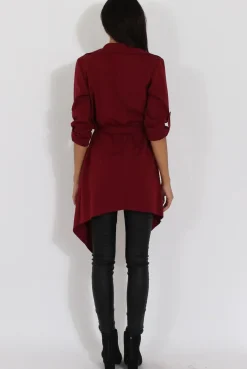 Rebellious Fashion Wine Belted Waterfall Duster Jacket - Aisla