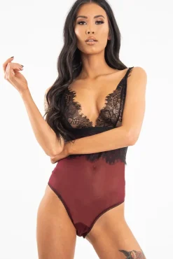Rebellious Fashion Wine Black Sheer Lace Plunge Bodysuit - Aneya