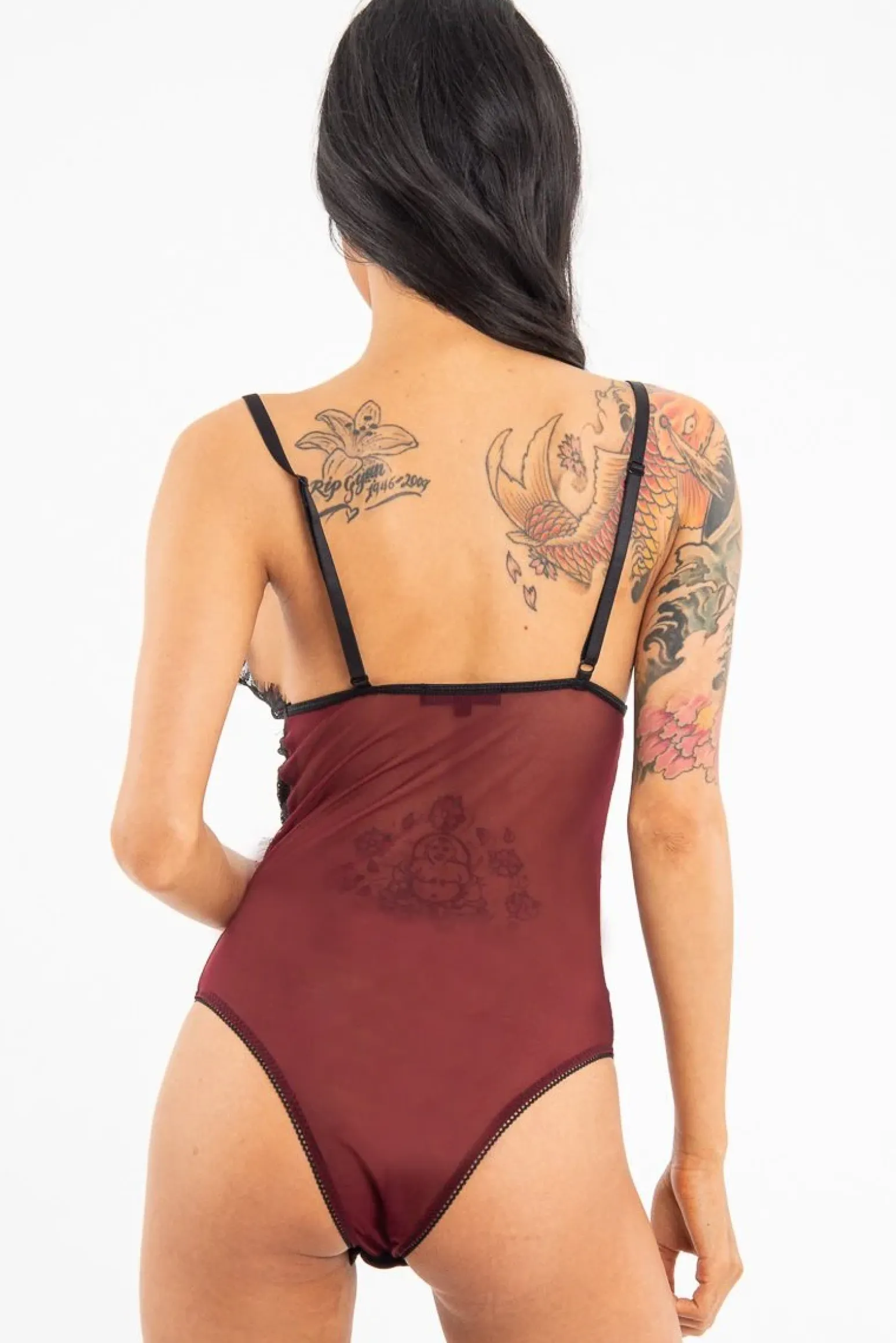Rebellious Fashion Wine Black Sheer Lace Plunge Bodysuit - Aneya