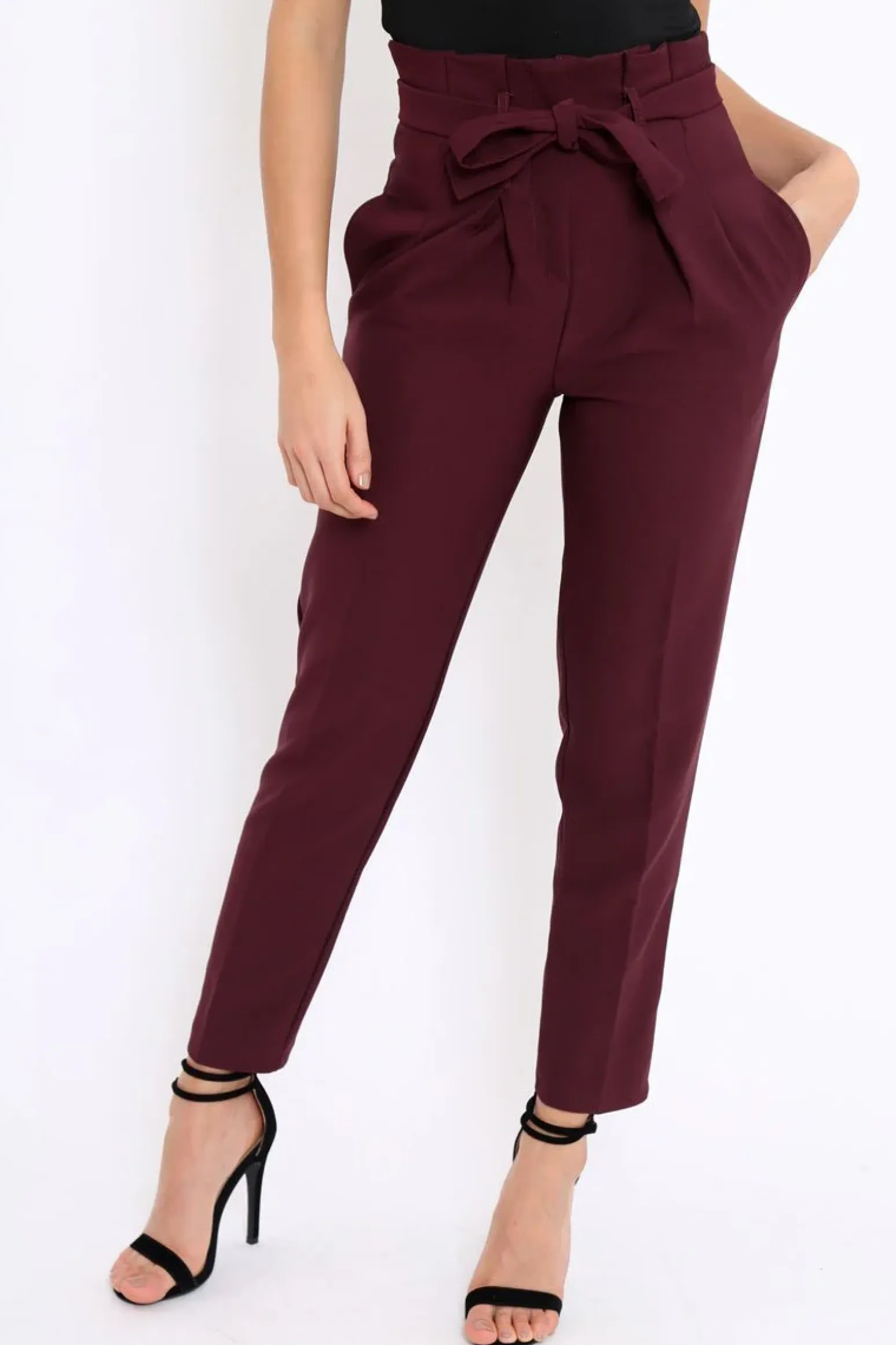 Rebellious Fashion Wine Bow Belted Tapered Trousers - Miley