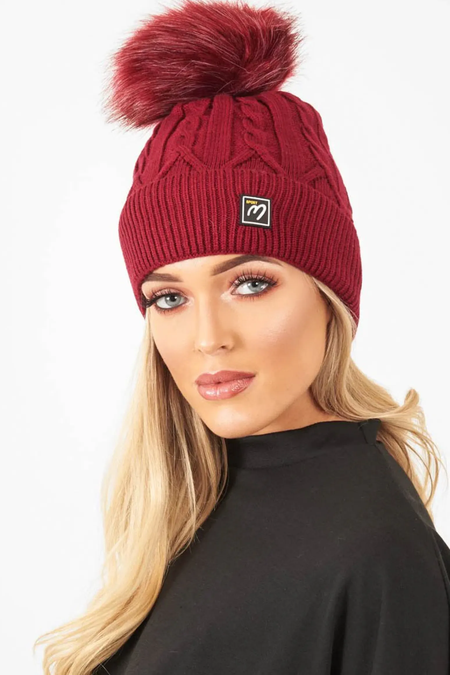 Rebellious Fashion Wine Cable Knit Bobble Hat - Lillyona