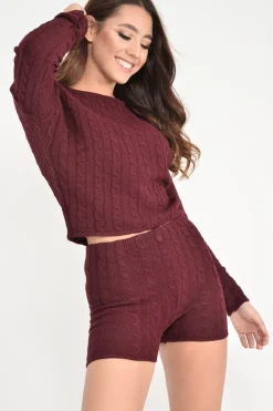 Rebellious Fashion Wine Cable Knit Loungewear Set - Karlie