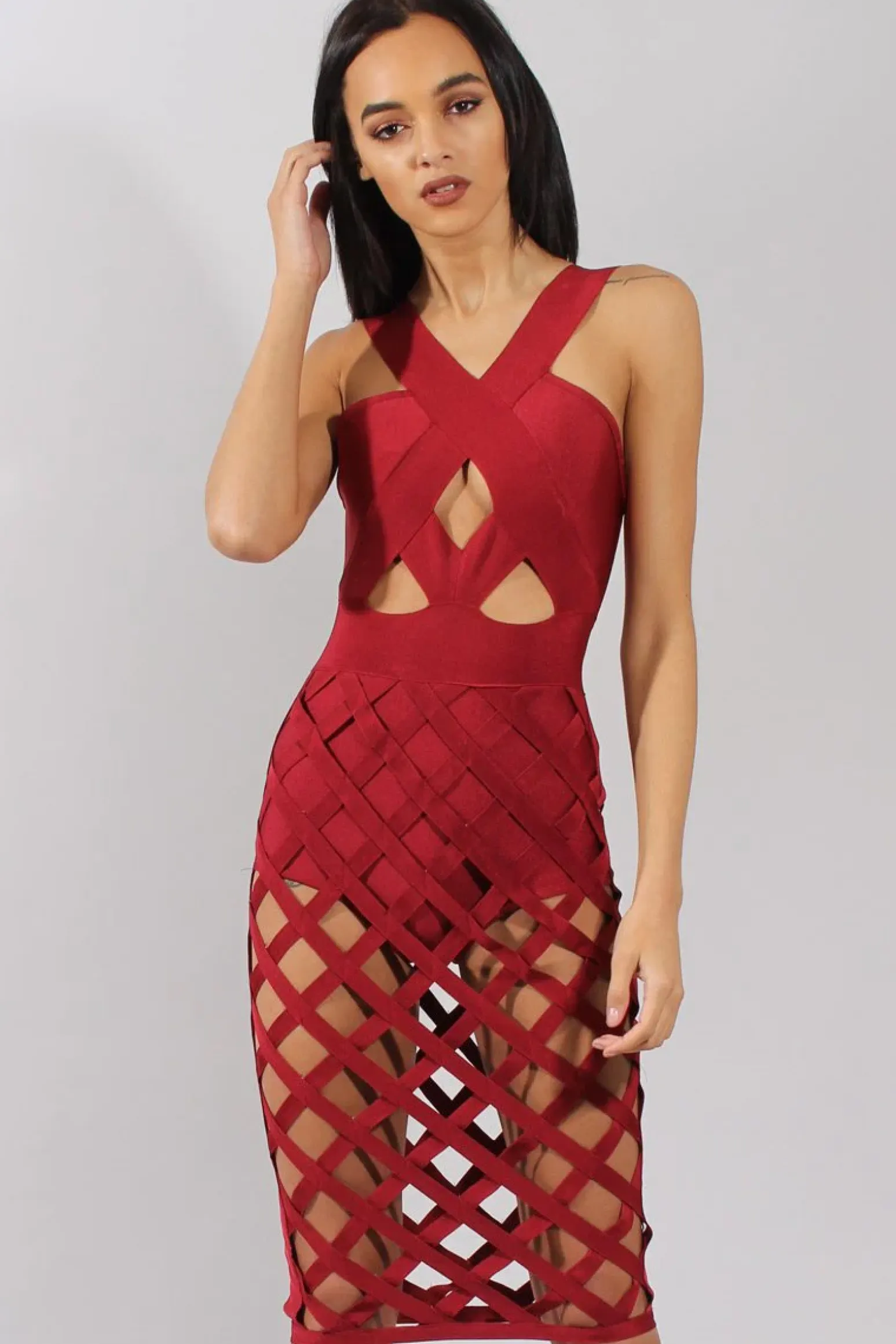 Rebellious Fashion Wine Cage Bandage Dress - Amra
