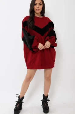 Rebellious Fashion Wine Chevron Fur Jumper Dress - Esme