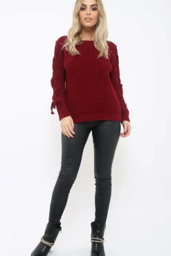 Rebellious Fashion Wine Chunky Knit Lace Up Sleeve Jumper - Sarah