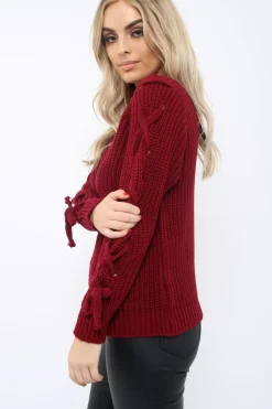 Rebellious Fashion Wine Chunky Knit Lace Up Sleeve Jumper - Sarah