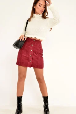 Rebellious Fashion Wine Corduroy Button Front Mini Skirt - Elcie